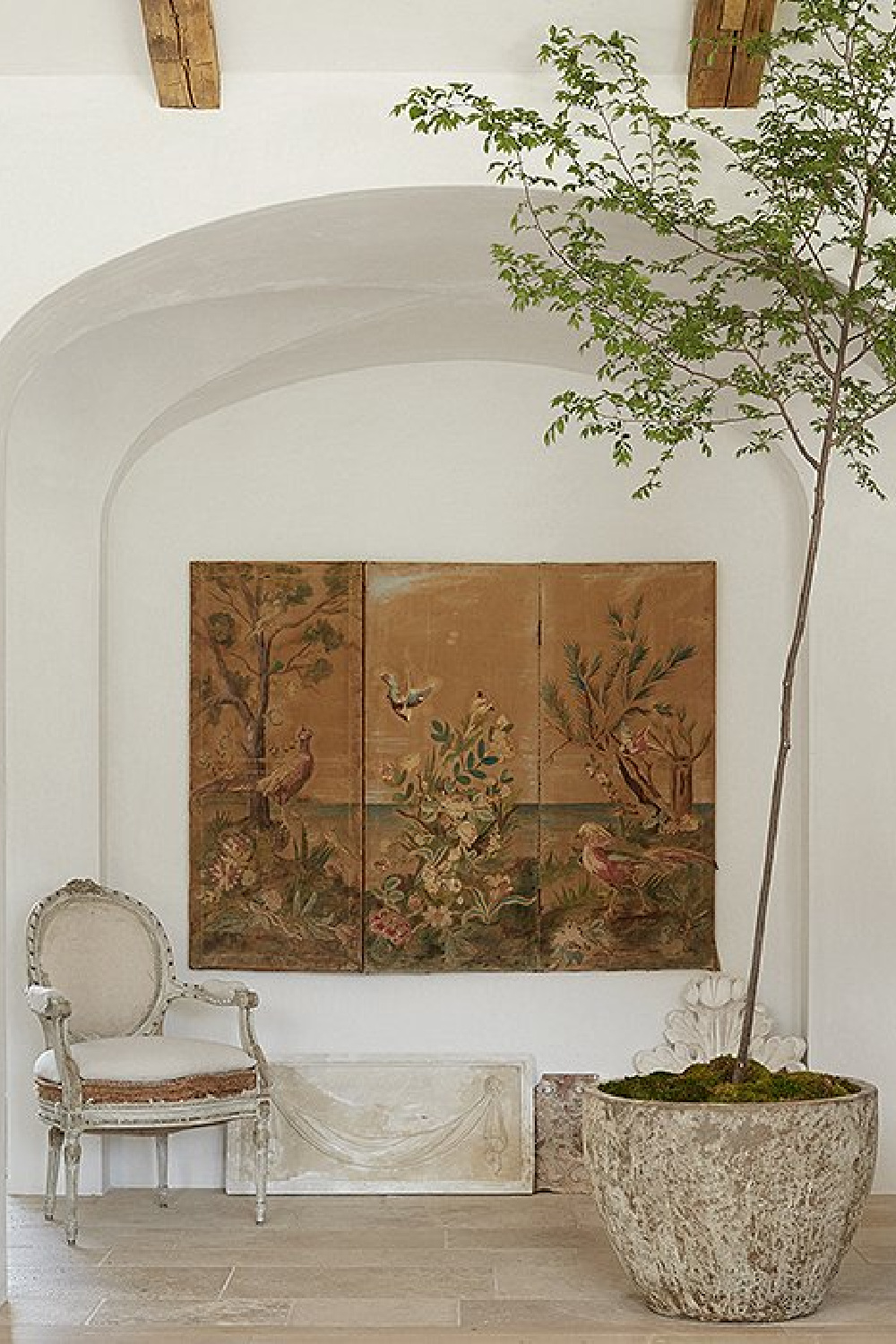 Tapestry and potted tree - Patina Farm (Brooke Giannetti) European country farmhouse in Ojai. #patinafarm #oldworldstyle