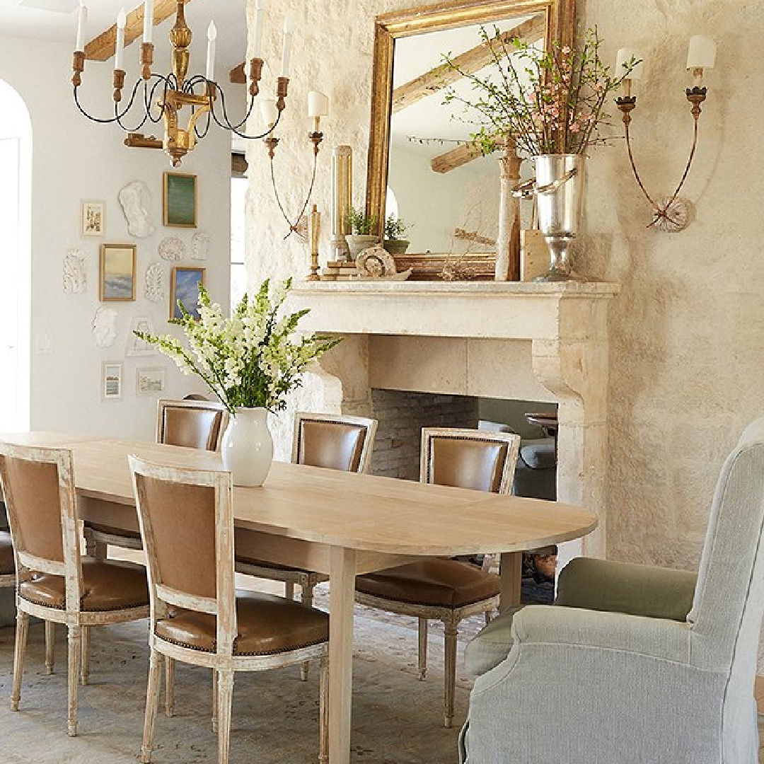 Limestone wall in dining room - Patina Farm (Brooke Giannetti) European country farmhouse in Ojai. #patinafarm #vintagemodern #diningrooms