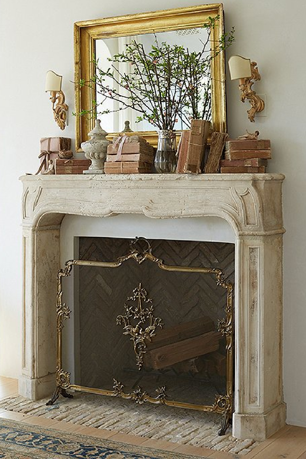 French limestone fireplace - Patina Farm (Brooke Giannetti) European country farmhouse in Ojai. #patinafarm #frenchfireplace #romantichomes