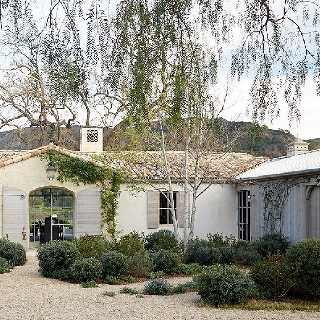 Rustic shutters and tile roof - Patina Farm (Brooke Giannetti) European country farmhouse in Ojai. #patinafarm #farmhouseexteriors