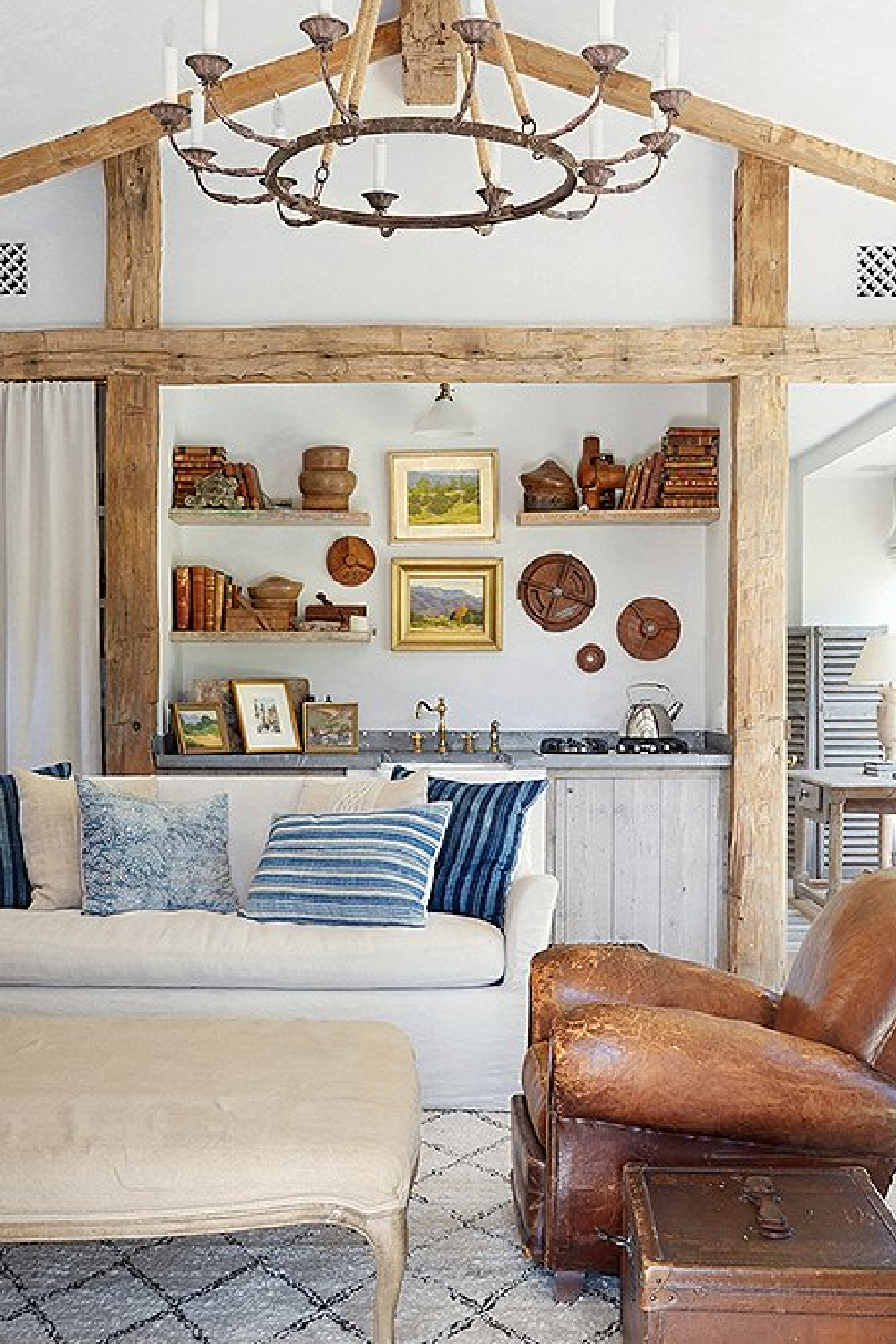 Guesthouse with rustic beams and shelves - Patina Farm (Brooke Giannetti) European country farmhouse in Ojai. #patinafarm #vintagemodern #modernrustic #modernfarmhouse