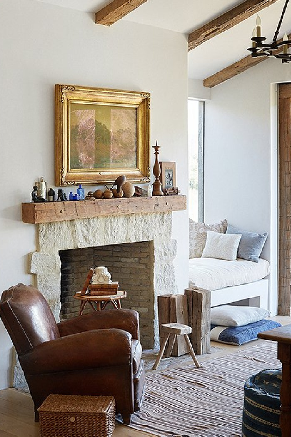 Stone fireplace and window seat in office - Patina Farm (Brooke Giannetti) European country farmhouse in Ojai. #patinafarm #vintagemodern #modernrustic #frenchfarmhouse