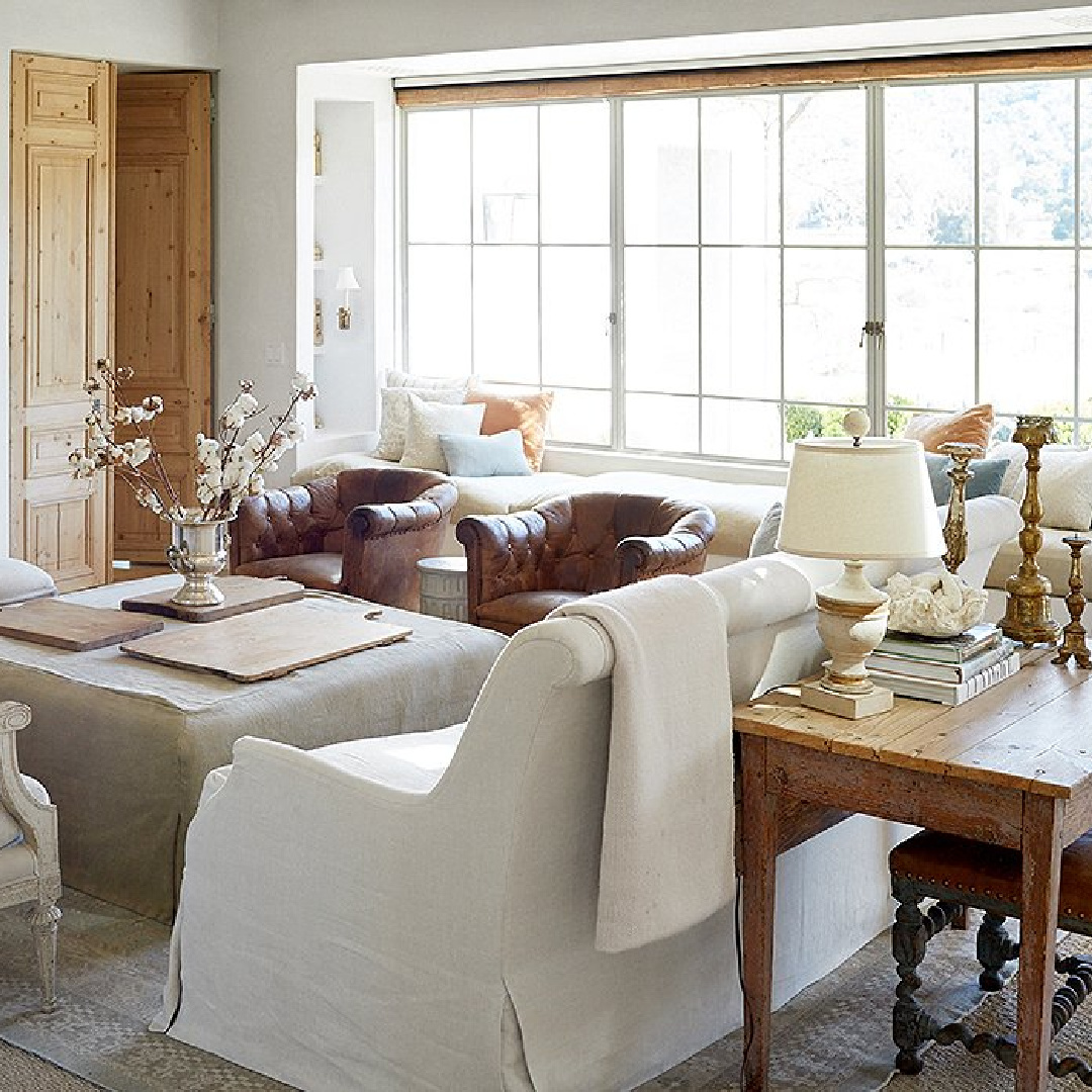 Belgian linen furniture in living room - Patina Farm (Brooke Giannetti) European country farmhouse in Ojai. #patinafarm #vintagemodern #modernrustic #livingrooms