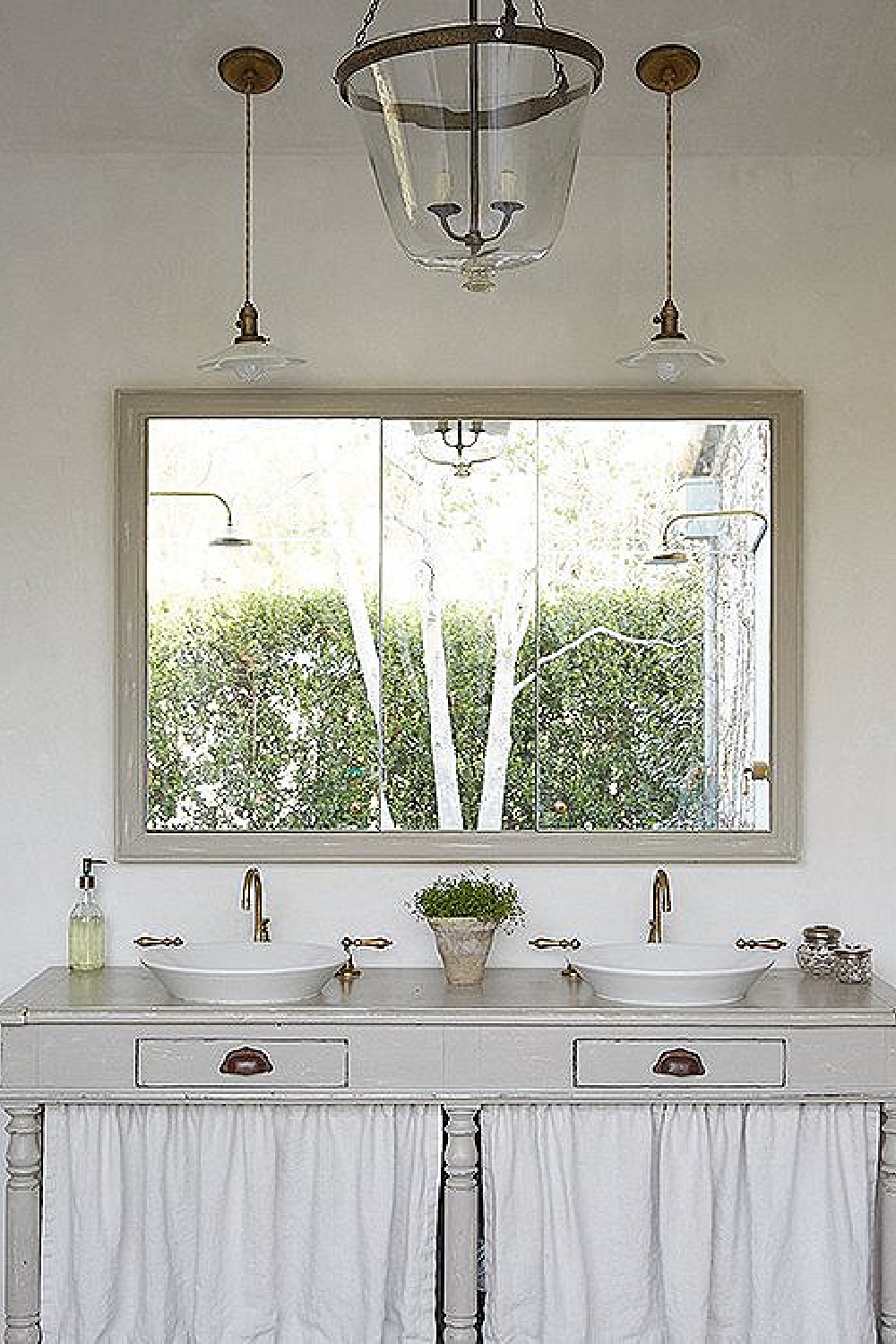 Antique vanity in bath - Patina Farm (Brooke Giannetti) European country farmhouse in Ojai. #patinafarm #vintagemodern #modernrustic #bathroomdesign