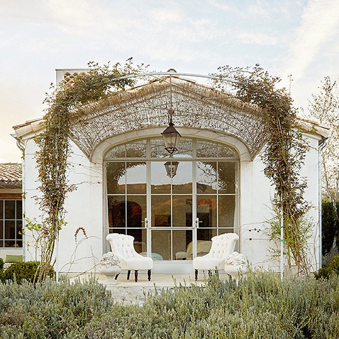 Porch on master bedroom - Patina Farm (Brooke Giannetti) European country farmhouse in Ojai. #patinafarm #vintagemodern #modernrustic #stuccoexterior