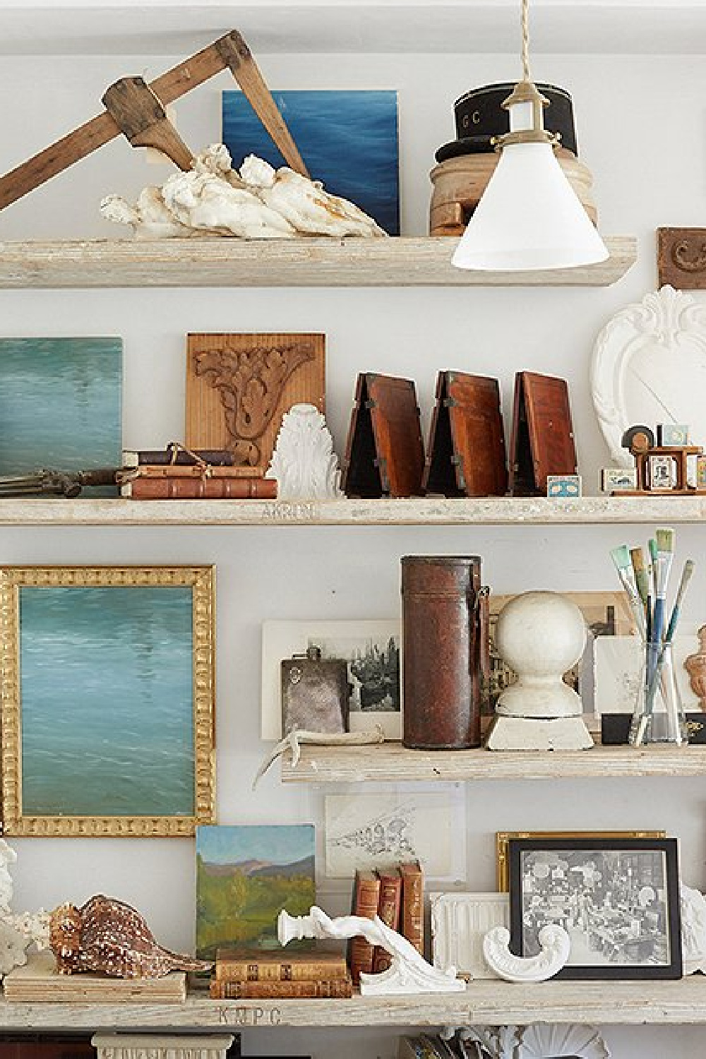 Floating shelves of art - Patina Farm (Brooke Giannetti) European country farmhouse in Ojai. #patinafarm #vintagemodern #modernrustic #laidbackluxe