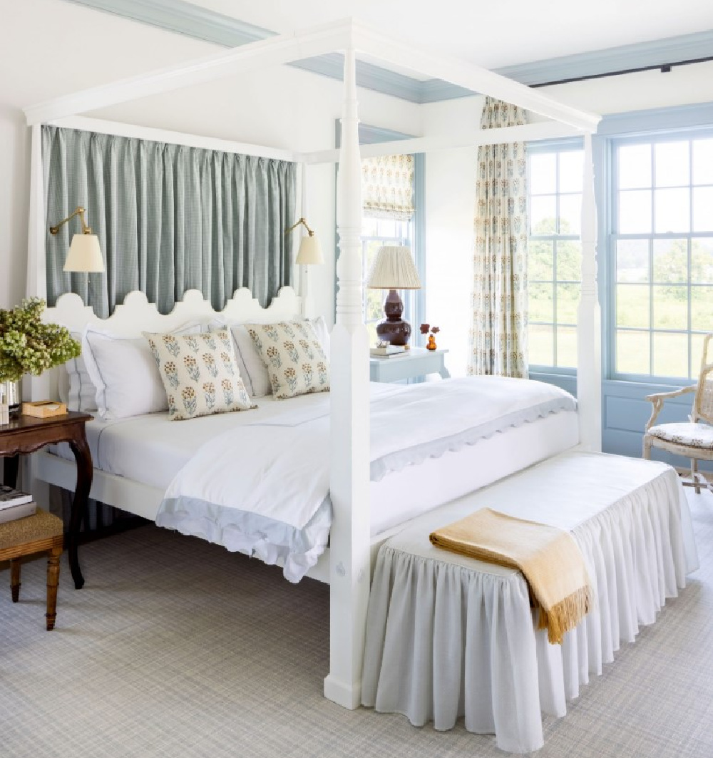 Coastal bedroom with SW Silver Lake paint color on trim - Southern Living Idea House 2021. #coastalbedroom #swsilverlake #traditionalbedrooms