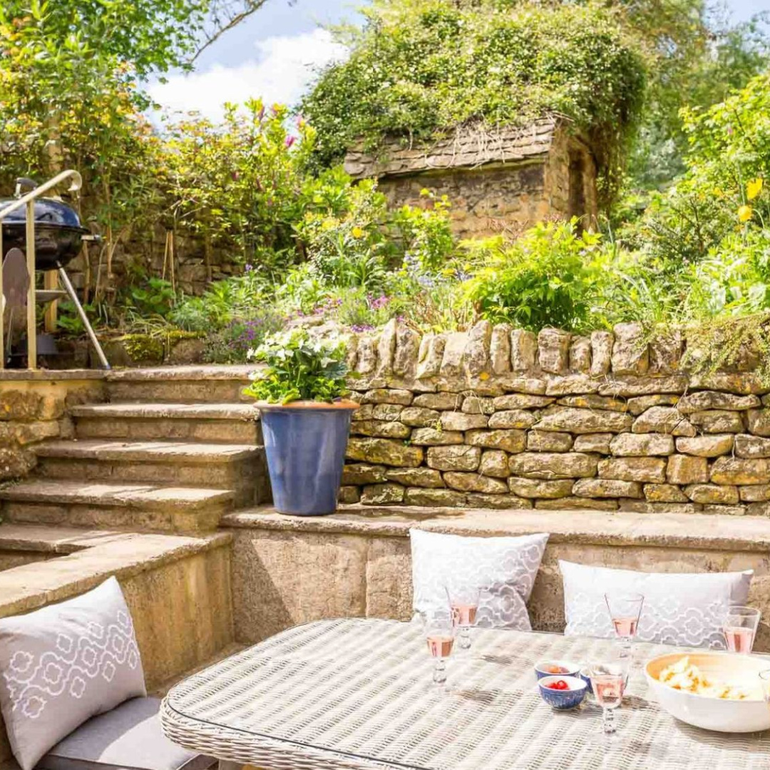 Terraced garden at Stanley Cottage - a charming Cotswolds cottage vacation rental.