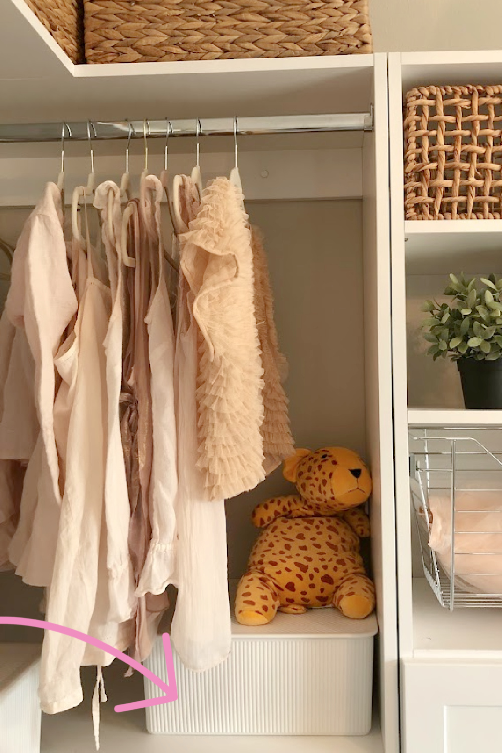 Superio white ribbed storage bin with lid in my organized closet - Hello Lovely Studio. #closetstorage #storagebins