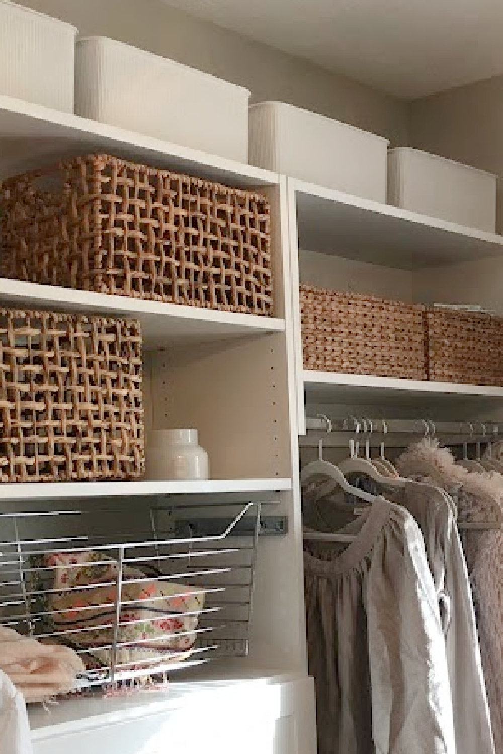 Superio white ribbed storage bin with lid in my organized closet - Hello Lovely Studio. #closetstorage #storagebins