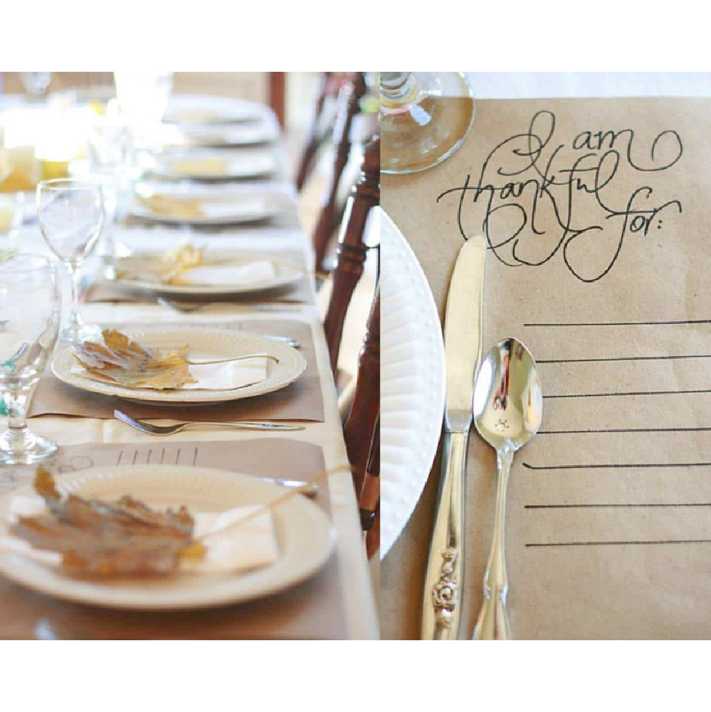 Simple Thanksgiving placesetting idea with Kraft paper placemats and fallen leaves - Skies of Parchment. #thankstivingtable
