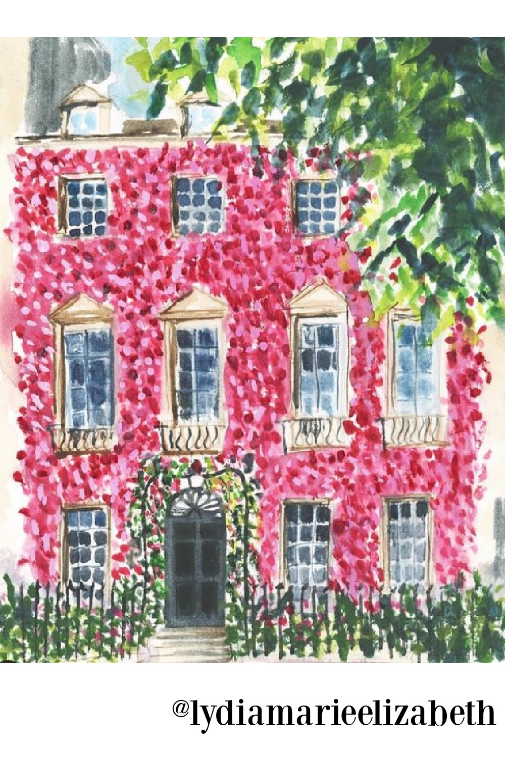 Beautiful watercolor of red climbing vines on a London building by Lydia Marie Elizabeth. #watercolors