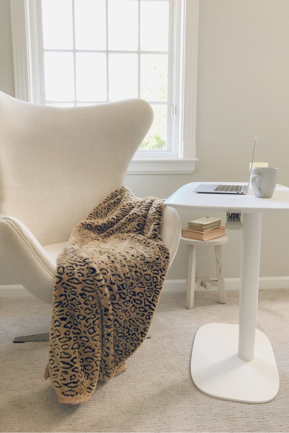 Hello Lovely's BDI Soma Lift Desk and egg chair in serene den with Belgian style. #adjustabledesk #homeoffice #belgianstyle