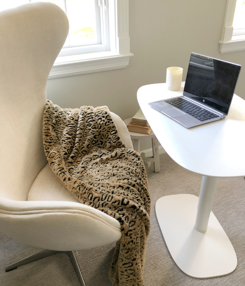 Hello Lovely's BDI Soma Lift Desk and egg chair in serene den with Belgian style. #adjustabledesk #homeoffice #belgianstyle