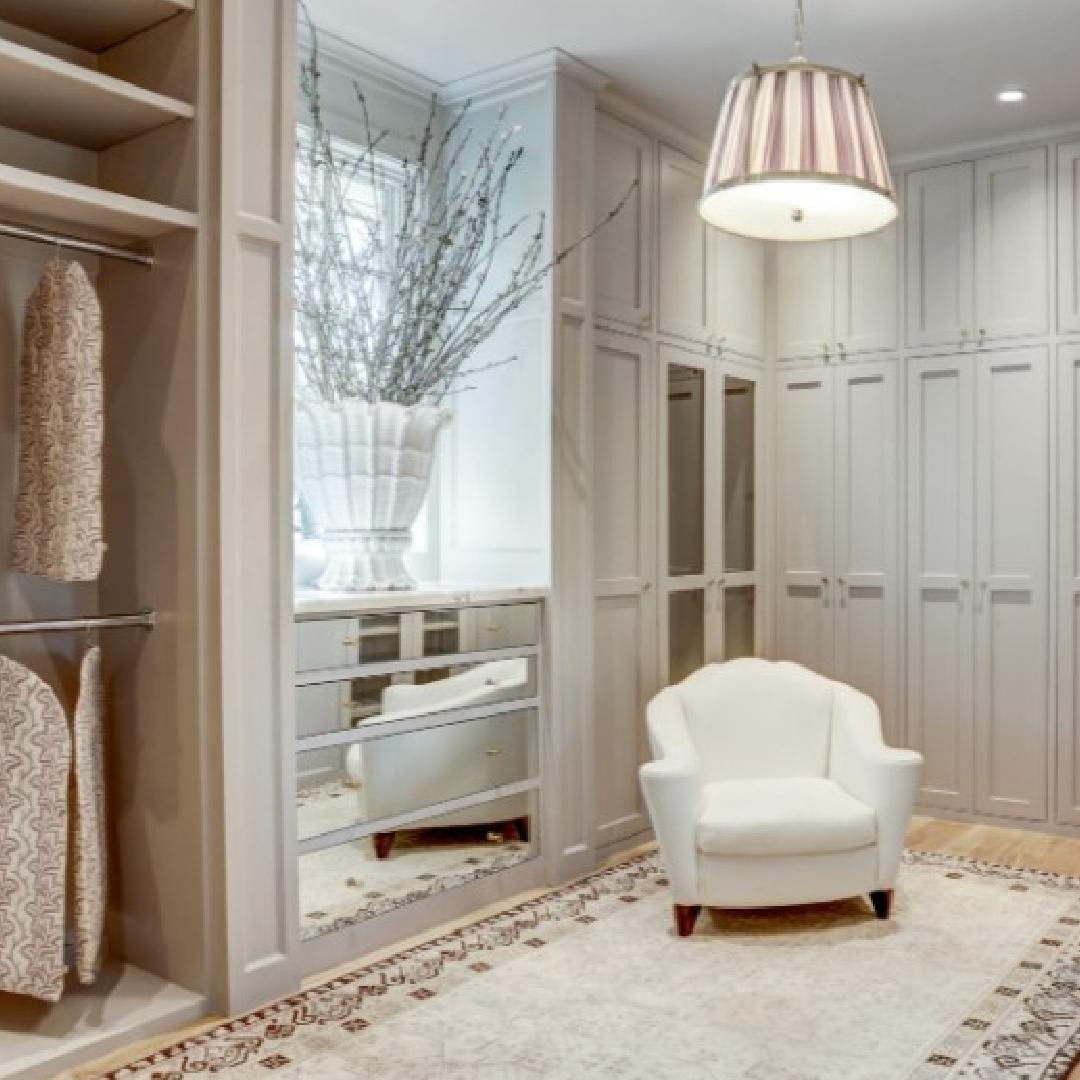 Luxurious closet in Master suite designed by Colette van den Thillart and Nicky Haslam in the MILIEU Showhouse 2020.