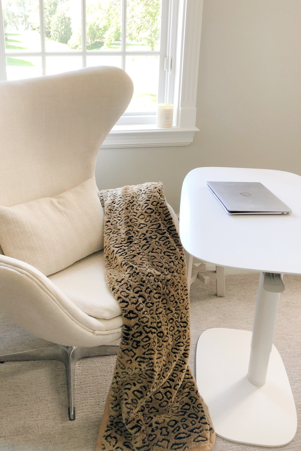 Hello Lovely's BDI Soma Lift Desk and egg chair in serene den with Belgian style. #adjustabledesk #homeoffice #belgianstyle