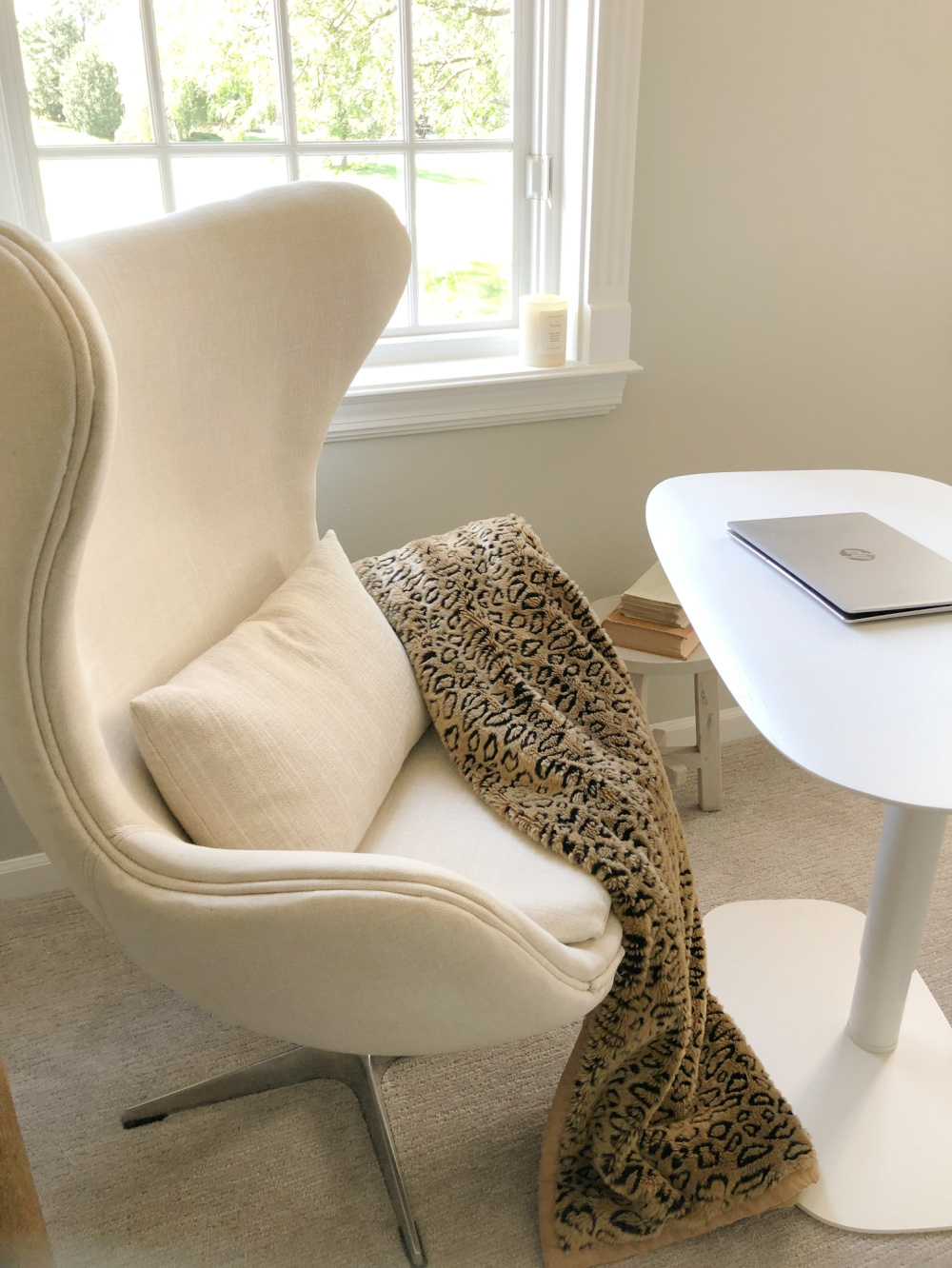 Hello Lovely's BDI Soma Lift Desk and egg chair in serene den with Belgian style. #adjustabledesk #homeoffice #belgianstyle