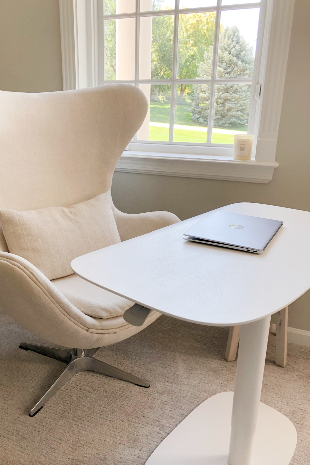 Hello Lovely's BDI Soma Lift Desk and egg chair in serene den with Belgian style. #adjustabledesk #homeoffice #belgianstyle