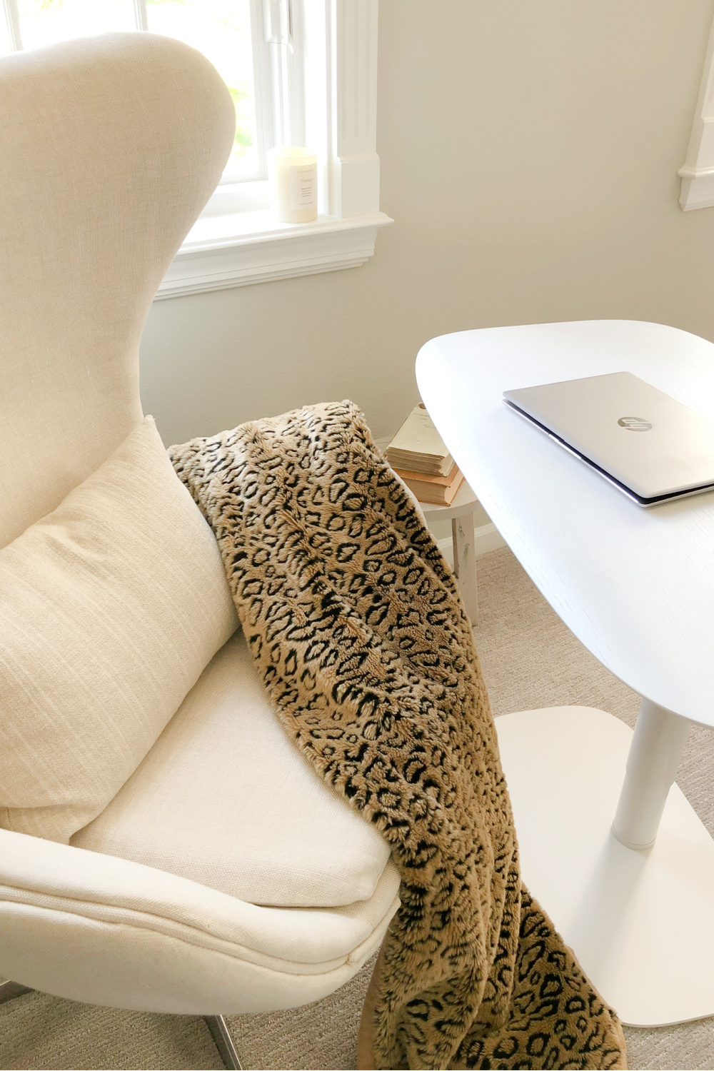 Hello Lovely's BDI Soma Lift Desk and egg chair in serene den with Belgian style. #adjustabledesk #homeoffice #belgianstyle