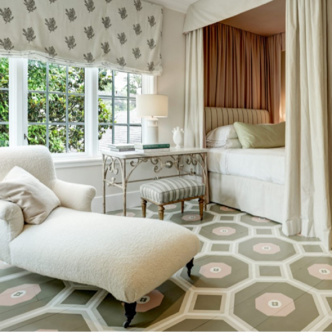 Eleanor Cummings designed bedroom in the MILIEU Showhouse 2020 with unforgettable painted floors by Segreto.