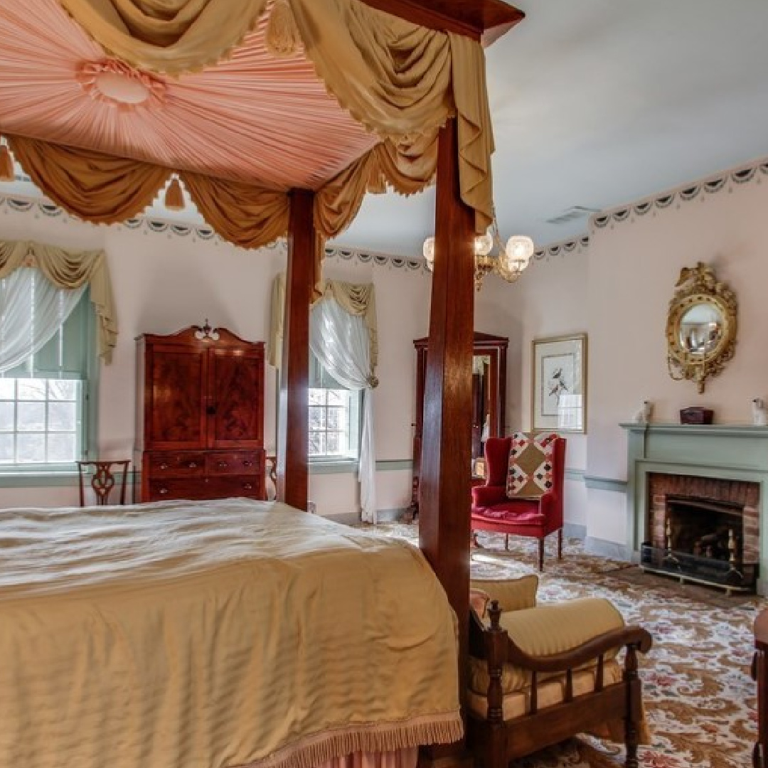 Pink bedroom in 1810 restored home - 3200 Del Rio Pike in Franklin - Meeting of the Waters house. #historichomes #franklintn