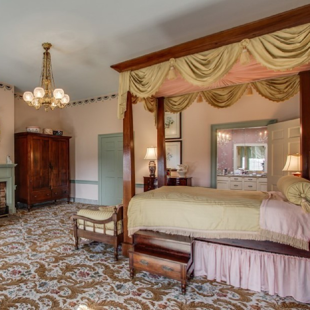 Pink bedroom in 1810 restored home - 3200 Del Rio Pike in Franklin - Meeting of the Waters house. #historichomes #franklintn