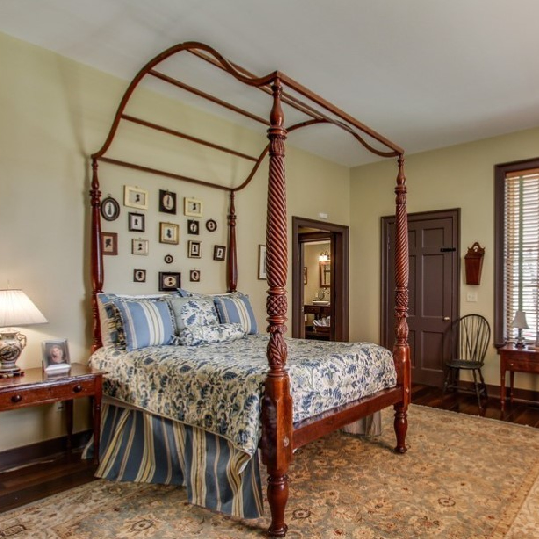 Yellow and blue bedroom in 1810 restored home - 3200 Del Rio Pike in Franklin - Meeting of the Waters house. #historichomes #franklintn