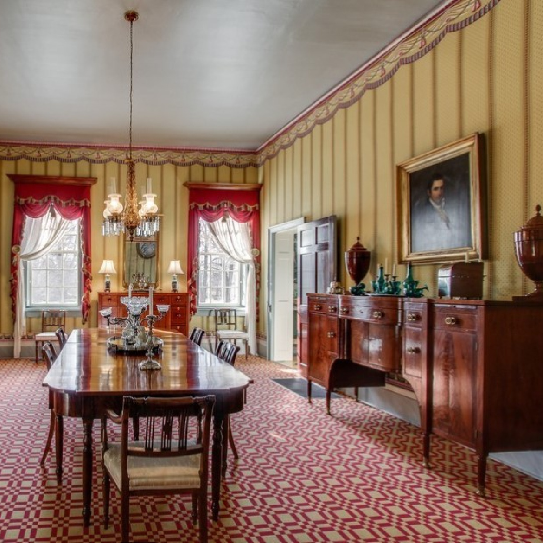 Restored dining room with red - 3200 Del Rio Pike in Franklin - Meeting of the Waters house. #historichomes #franklintn