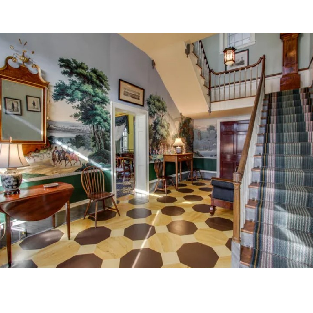 Entry with mural and bold patterned floor - 3200 Del Rio Pike in Franklin - Meeting of the Waters house. #historichomes #franklintn