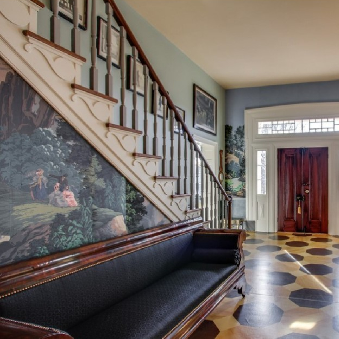 Dramatic entry with French mural in restored home - 3200 Del Rio Pike in Franklin - Meeting of the Waters house. #historichomes #franklintn