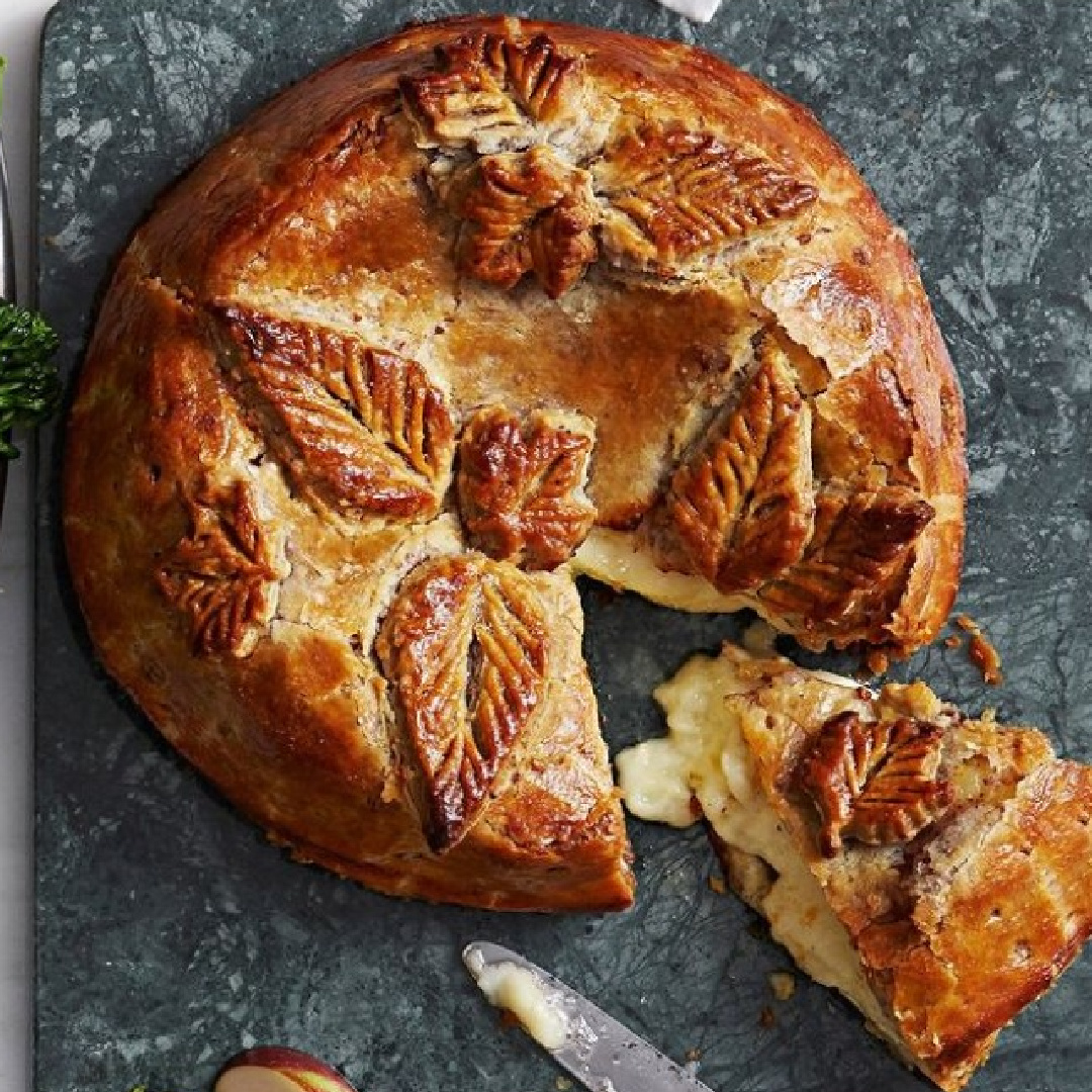 Beautiful baked brie in pastry with fall leaves - Martha Stewart (photo by Aya Brackett). #bakedbrie #fallappetizers