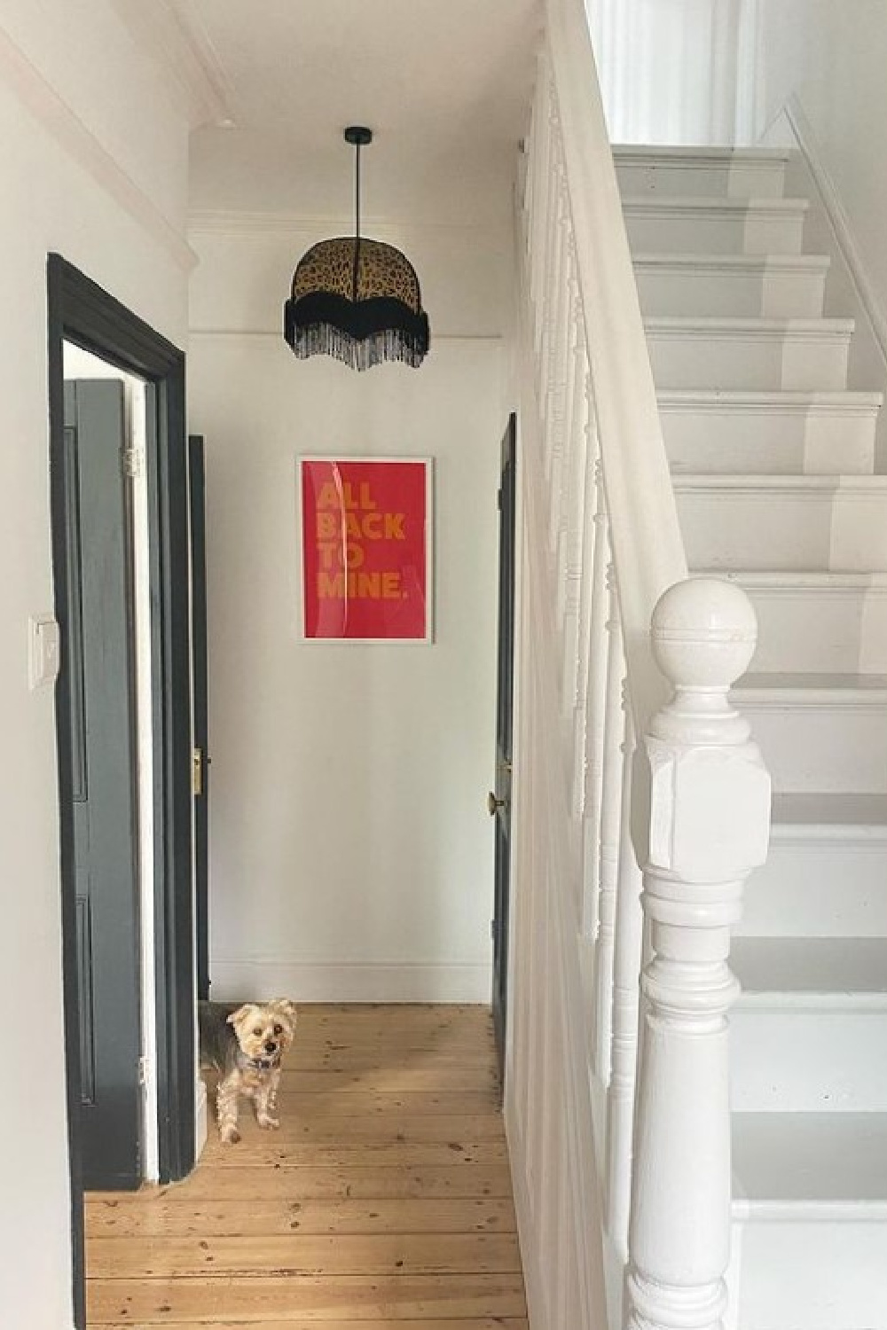 Blackened (Farrow & Ball) paint color on a staircase - @beartowers. #blackened #paintcolors