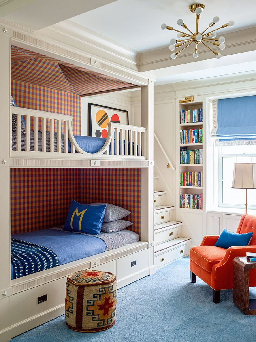 Custom bunk beds by Katie Ridder have drawers built into the stairs - from The Bunk Bed Book (Gibbs Smith, 2022) by Laura Fenton. #bunkbeds