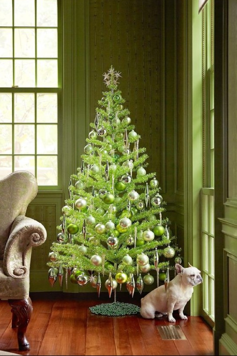 Beautiful green painted paneling in elegant room with Christmas tree and bulldog at window - Martha Stewart (photo by Lucas Allen). #elegantchristmas #traditionalchristmastree