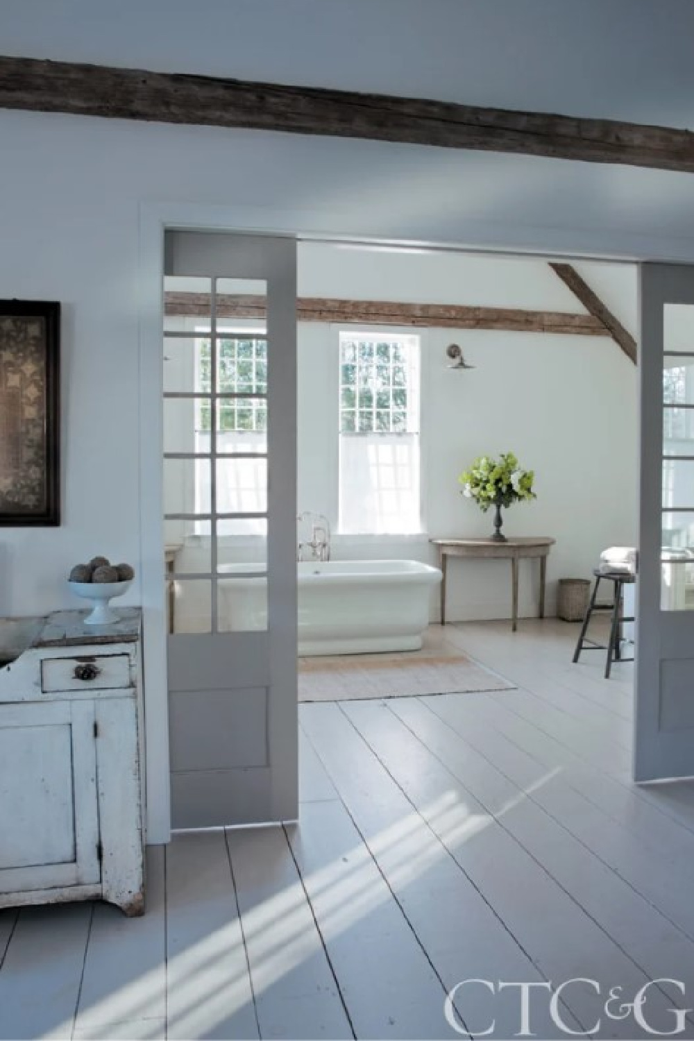 Renovated bathroom with soaking tub in 1700s Connecticut cottage of Nancy Fishelson in CTCG (Feb 2012).