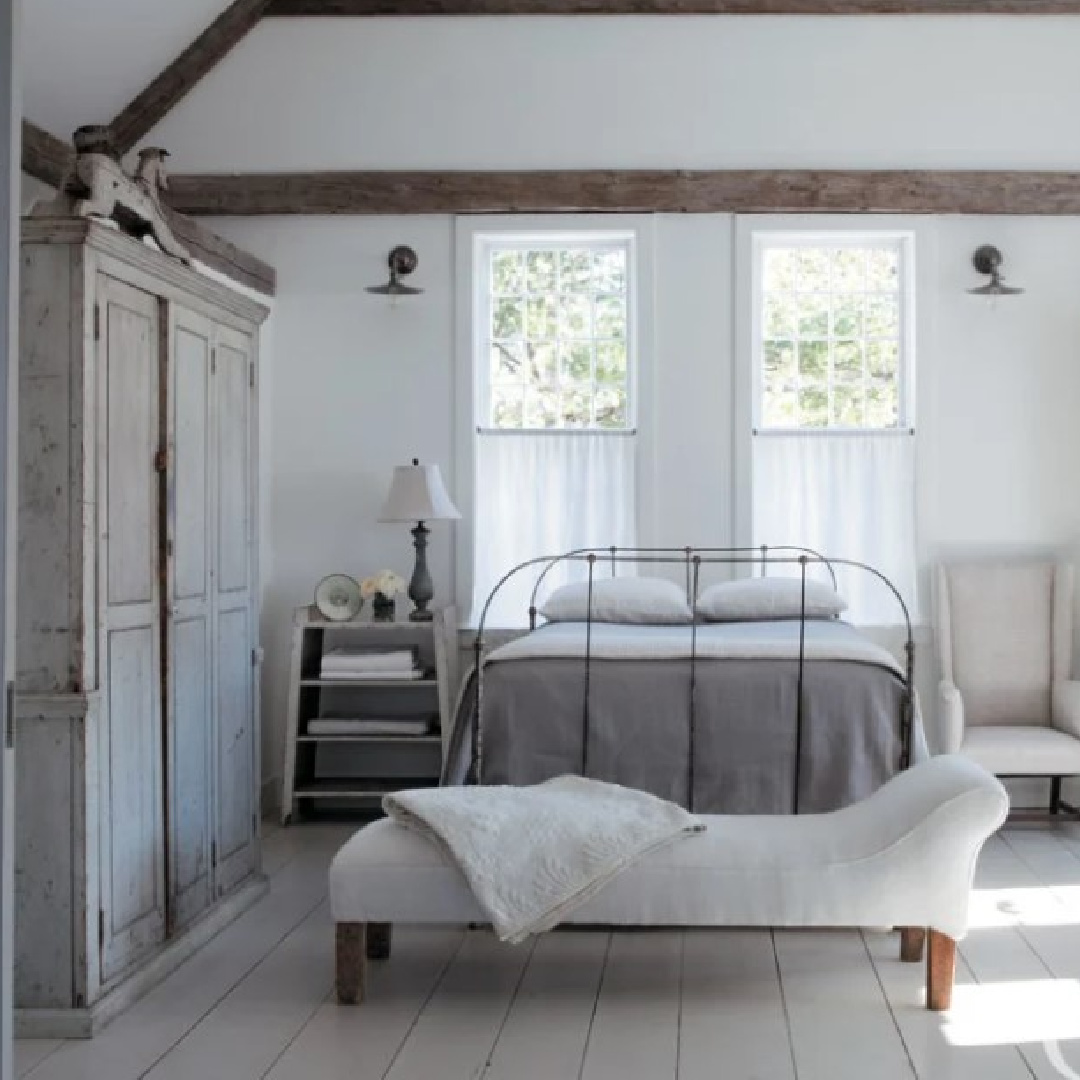 Airy white bedroom with antiques in 1700s Connecticut cottage of Nancy Fishelson in CTCG (Feb 2012).