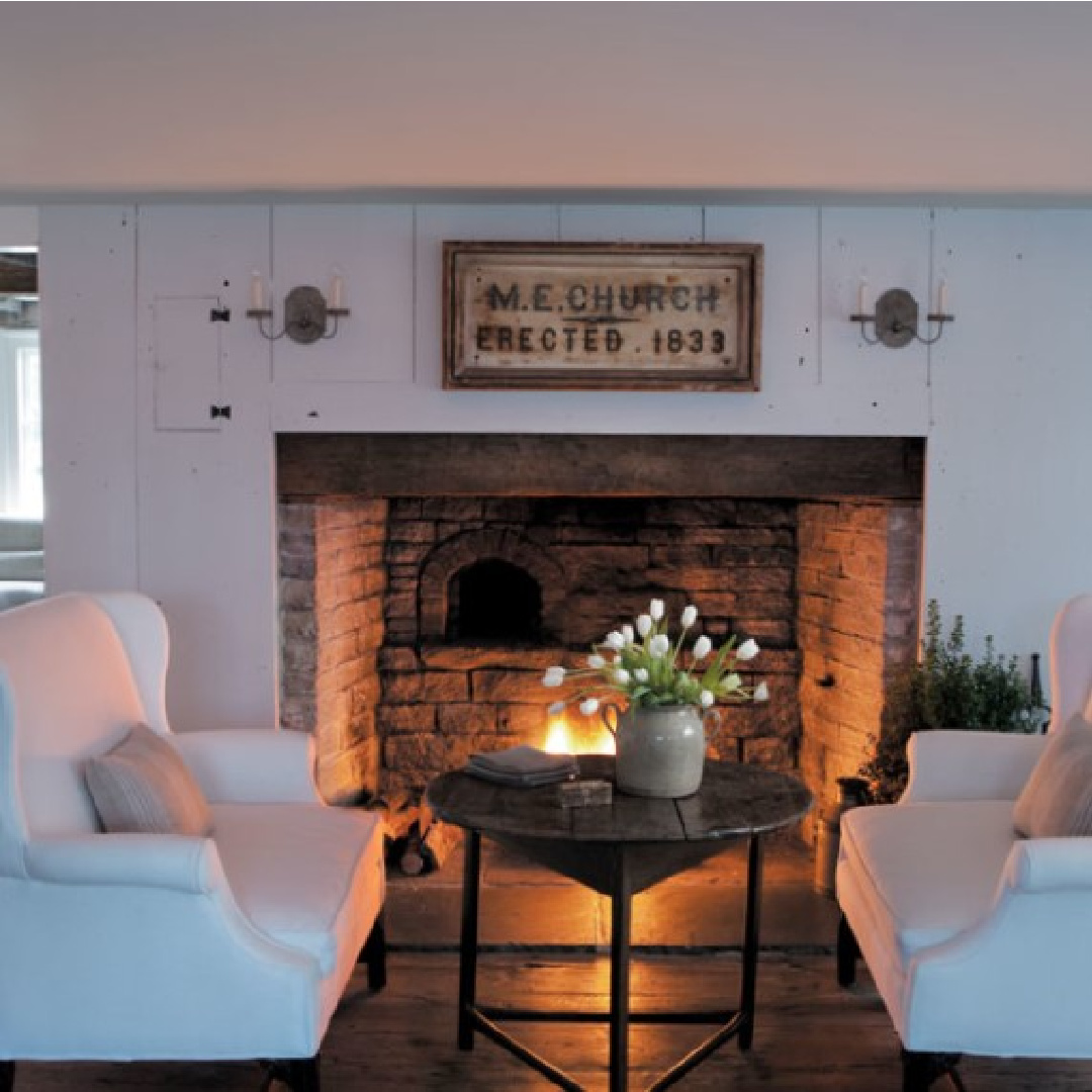 Fireplace and wing settees in 1700s Connecticut cottage of Nancy Fishelson in CTCG (Feb 2012).