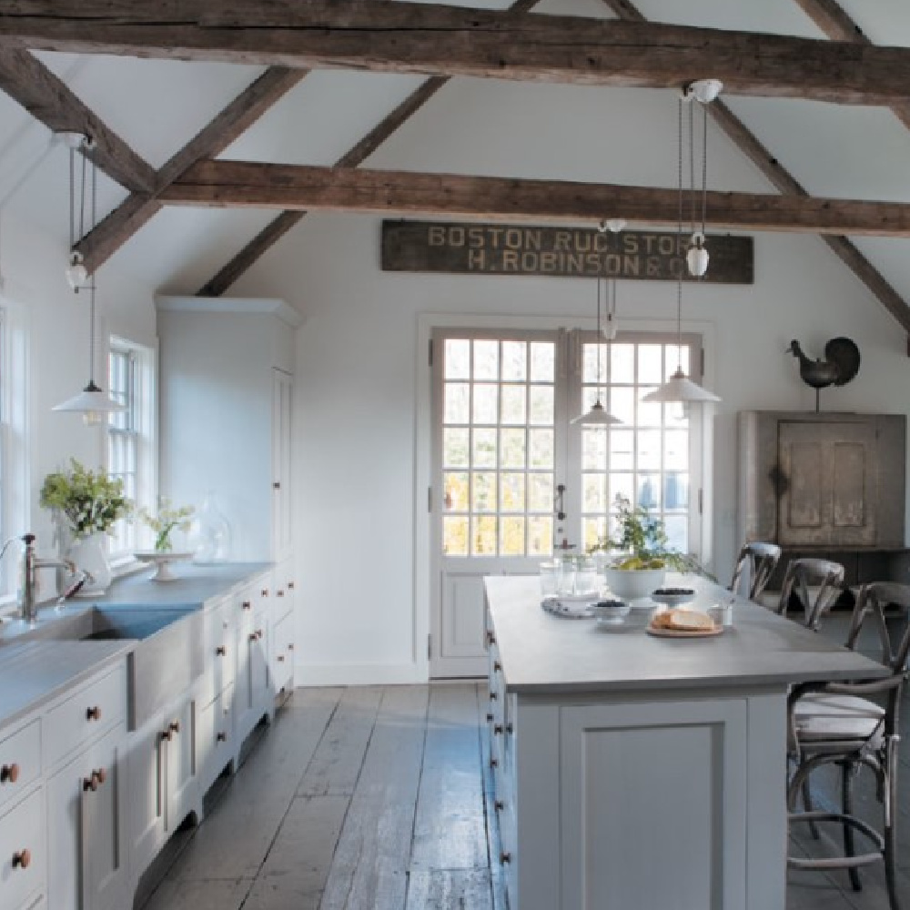 Renovated kitchen with wood beams in 1700s Connecticut cottage of Nancy Fishelson in CTCG (Feb 2012).