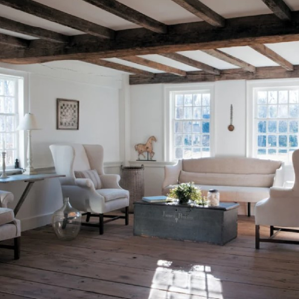 Wood beam ceiling in living room of 1700s Connecticut cottage of Nancy Fishelson in CTCG (Feb 2012).