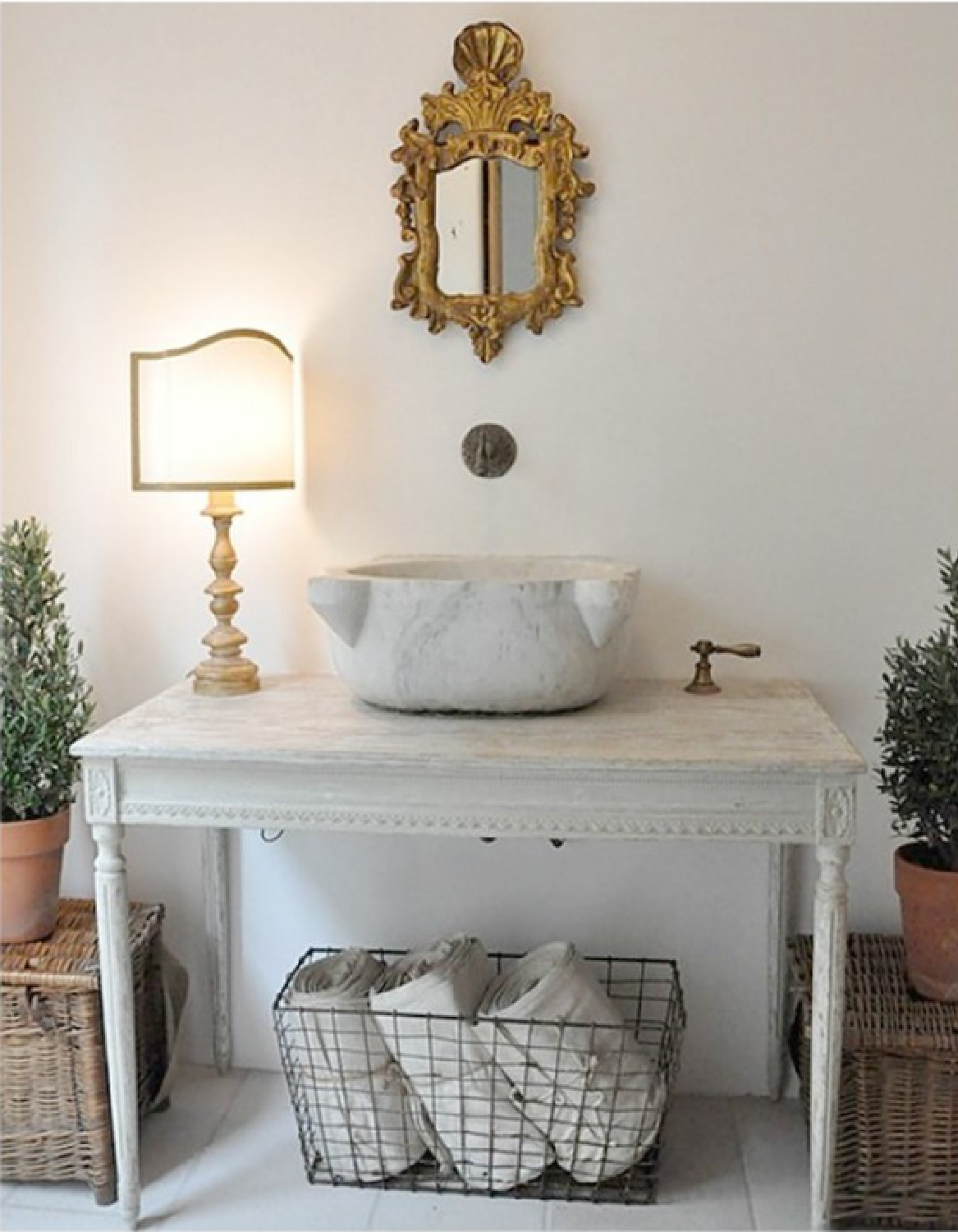Beautiful Swedish antique repurposed vanity with vessel sink in French country bath at Patina Farm - Brooke Giannetti.