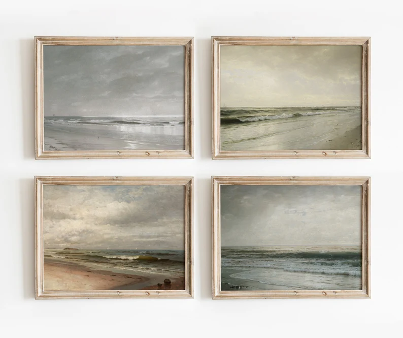 Moody Beaches Set of prints, MapleandOakVintage on Etsy. #seascapes #beachpaintings #vintageseascape