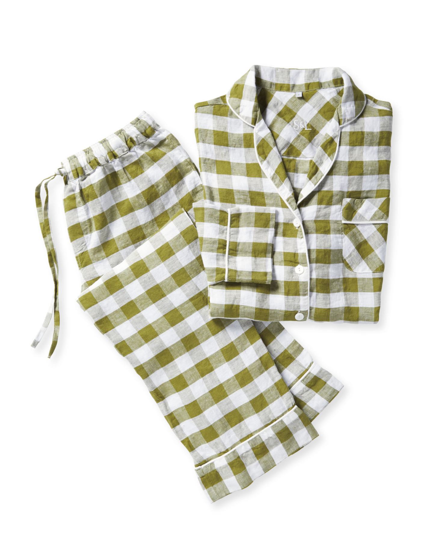Hyannis Linen Pajamas (Grove) checkered pattern, Serena & Lily