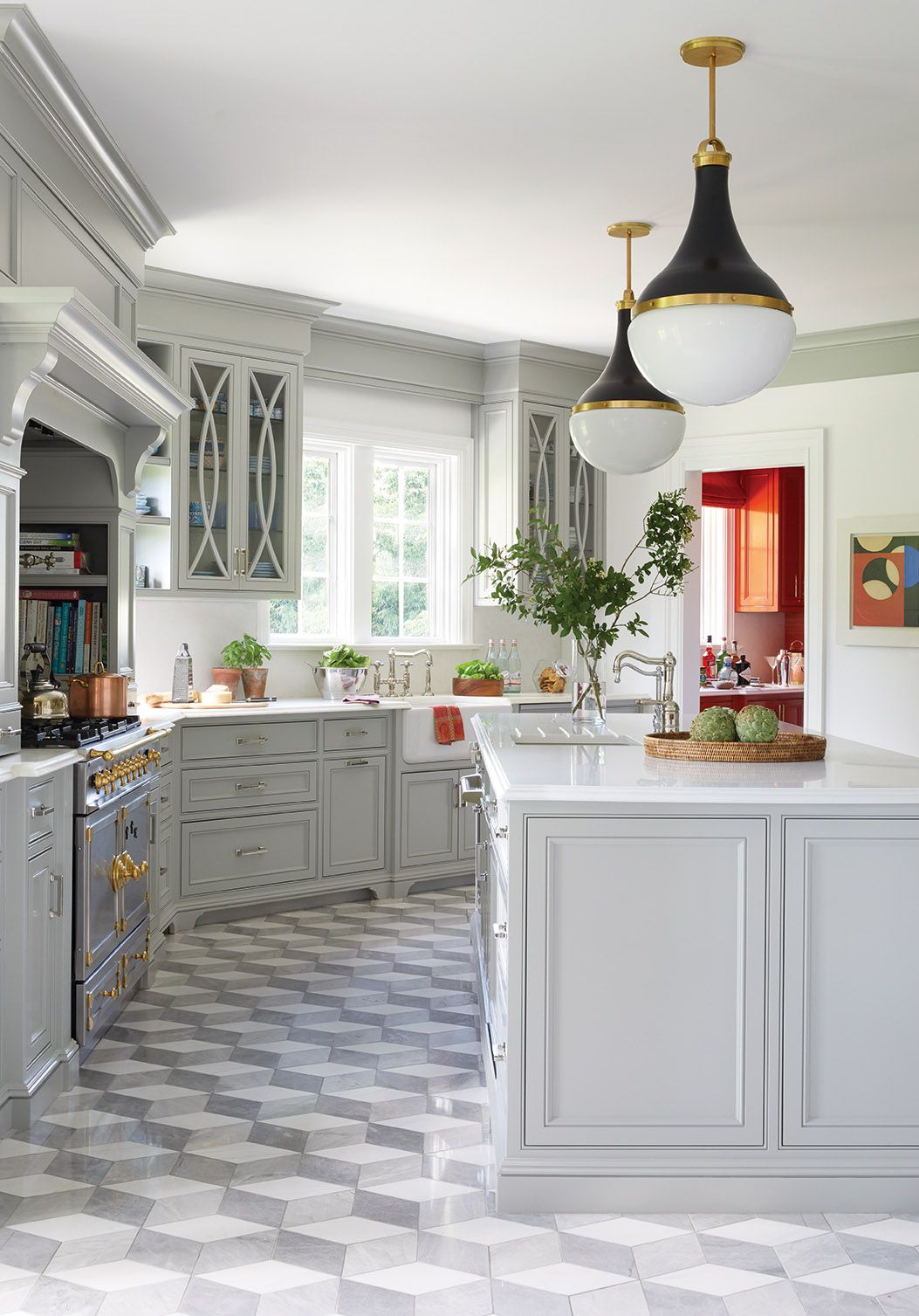 Luxurious blue grey kitchen with rhombus-pattern marble tile floor - design by Anne Hepfer in MOOD (Gibbs Smith, 2022). #traditionalkitchens #luxuriouskitchens