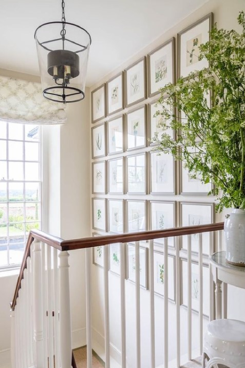 Gallery wall of botanical prints in stairway - @seansymington. Shaded White (Farrow & Ball) paint color on wall. #gallerywall #shadedwhite