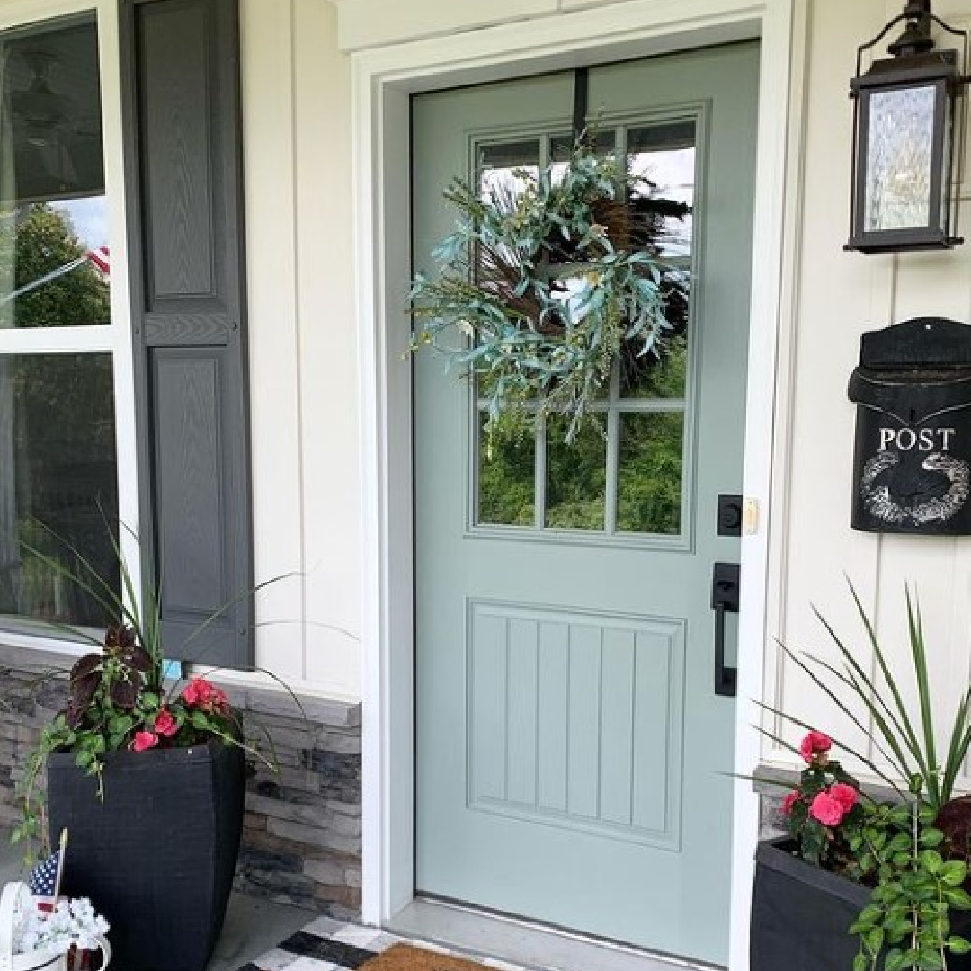 Acacia Haze (Sherwin-Wlliams_ green paint color on a front door - #thecottageatwhitebear. #acaciahaze #greenpaintcolors