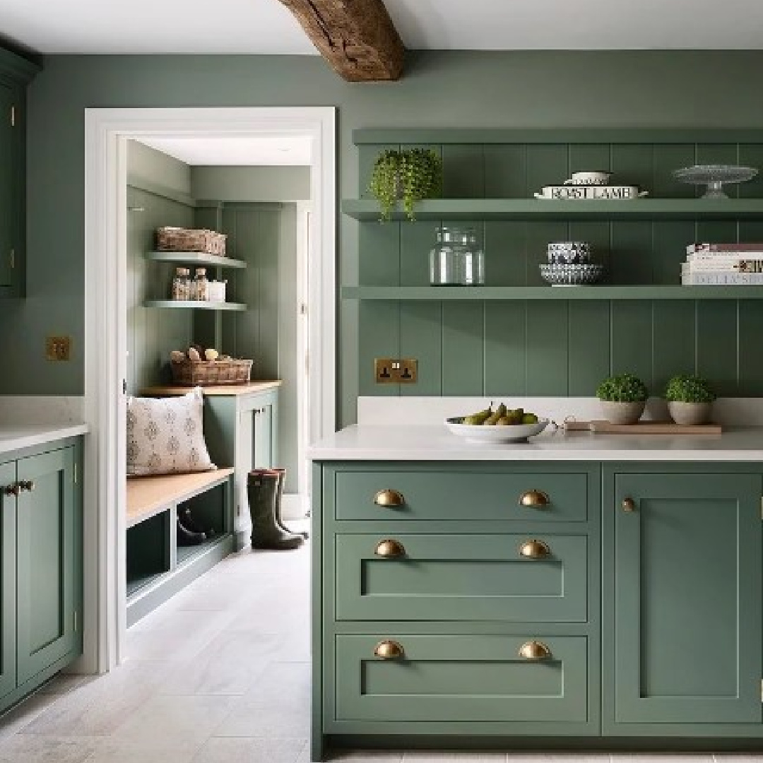 Beautiful green kitchen painted Farrow & Ball Green Smoke - @beaumonthouse_renovation_ #greensmoke #greenkitchen #greenpaintcolors