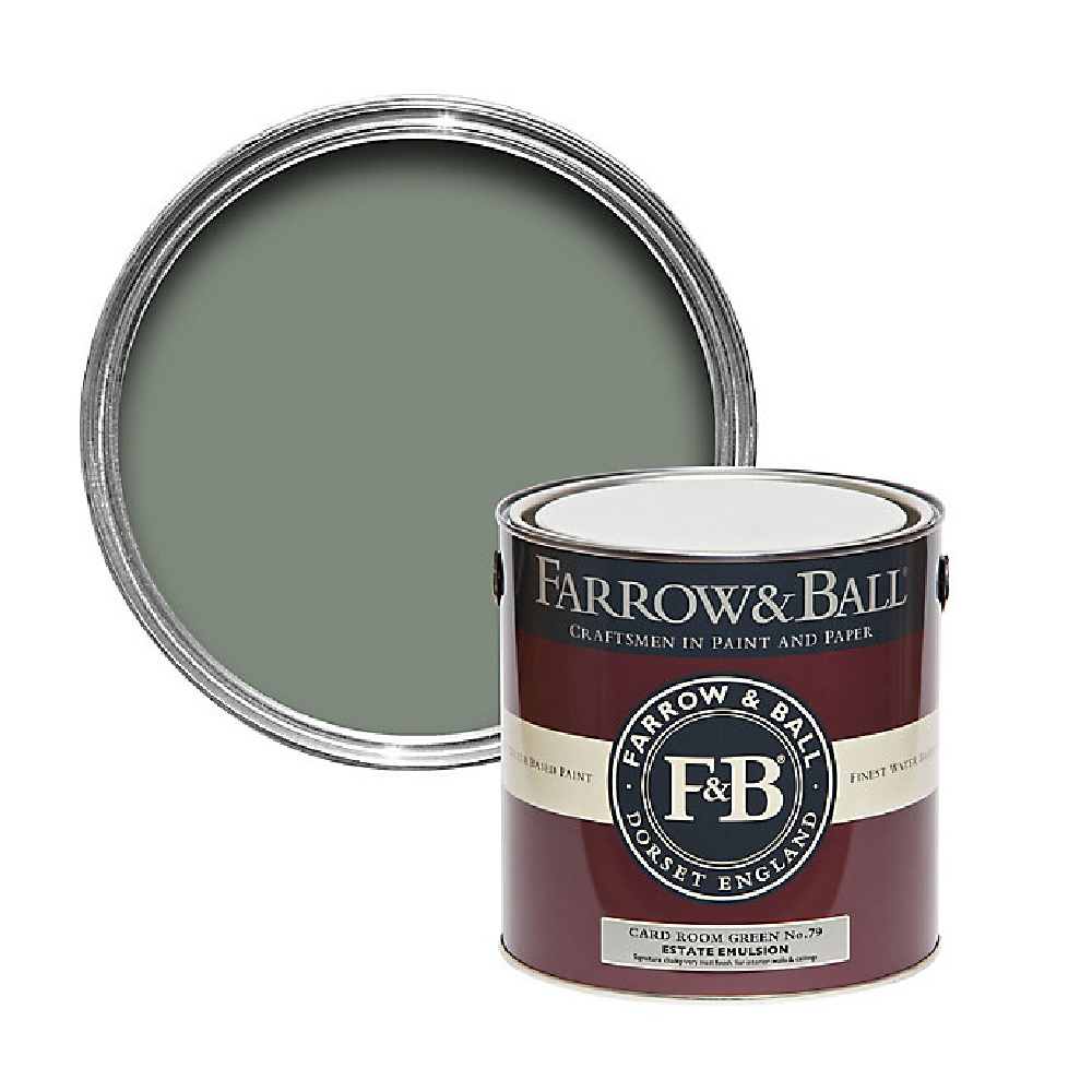 Card Room Green Farrow & Ball paint color swatch. #cardroomgreen #greengray