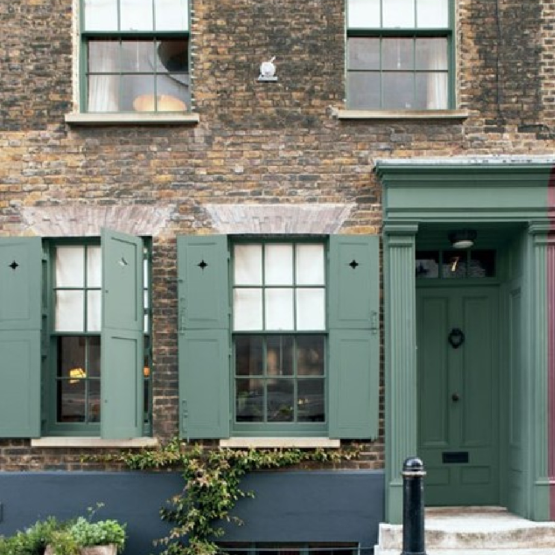 Farrow & Ball Green Smoke paint color on exterior trim, door, and shutters - Farrow & Ball. #greensmoke #greenpaintcolors