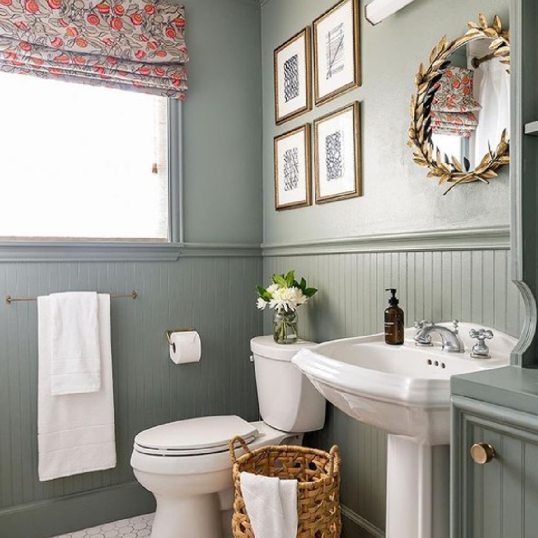 Beautiful earthy green bathroom painted SW Acacia Haze - Susie Maddox Interiors (Jen M Burner photo). #acaciahaze #greenpaintcolors
