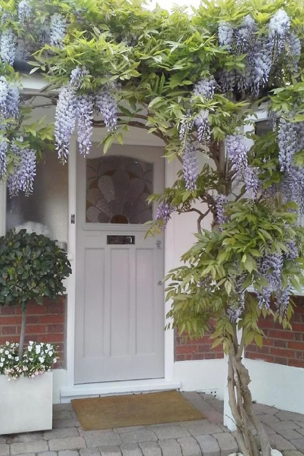 Pavilion Gray paint color on front door of a beautiful English home with wisteria. #paviliongray #farrowandballpaviliongray #greypaintcolors